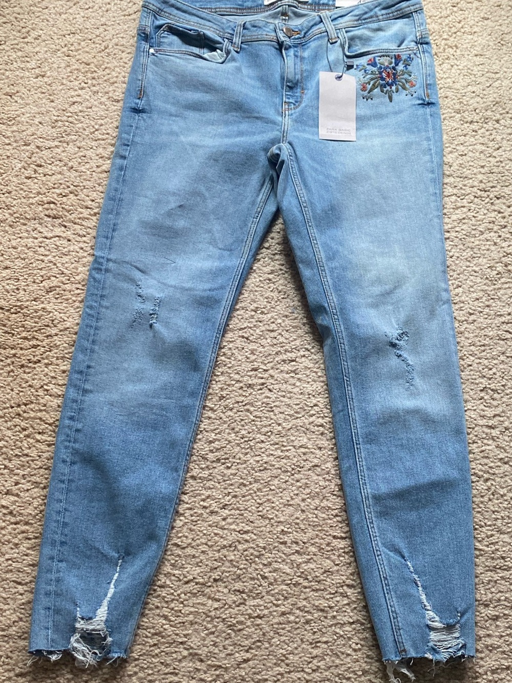 Zara Light Blue Skinny Jeans with Floral Embroidery